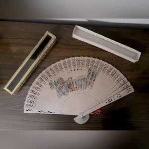 Vintage Chinese Fan - Sandalwood Filagree Carved Openwork Orange Tassels